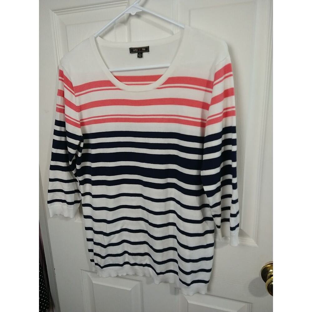 Lett & Me Woman's L Sweater Striped Nautical White Blue Pink Lightweight 3/4... - Picture 2 of 10